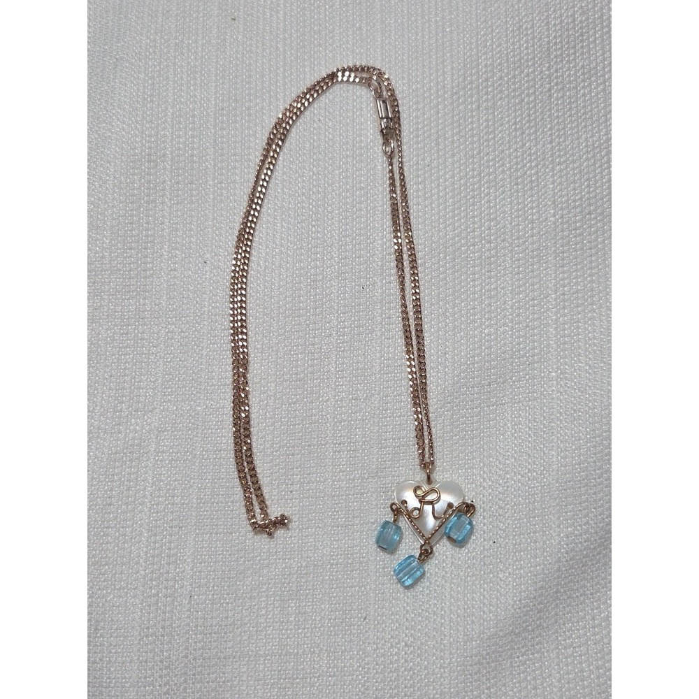 Vintage Mother Of Pearl Heart Necklace Initial "R" Blue Beads Gold Tone Chain